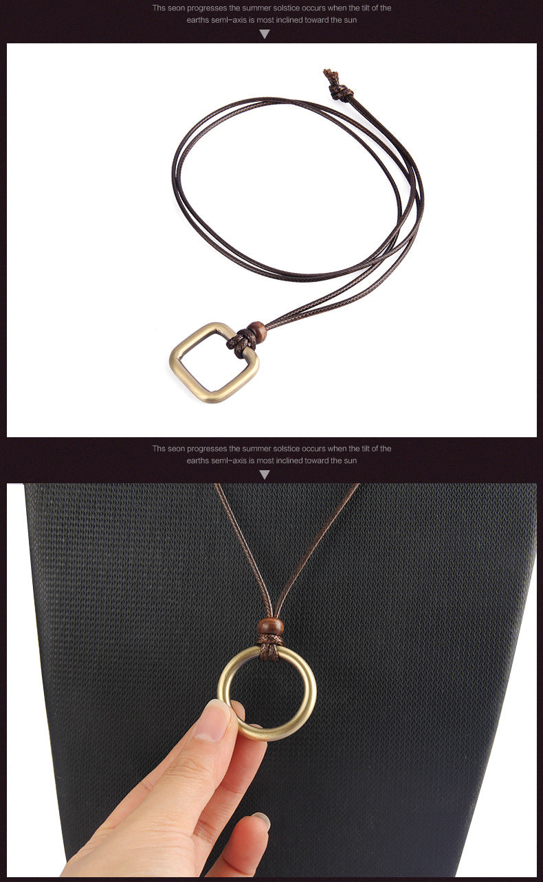 Rockyu リングペンダントネックレス｜レザー調紐＆真鍮風リング メンズロングタイプ