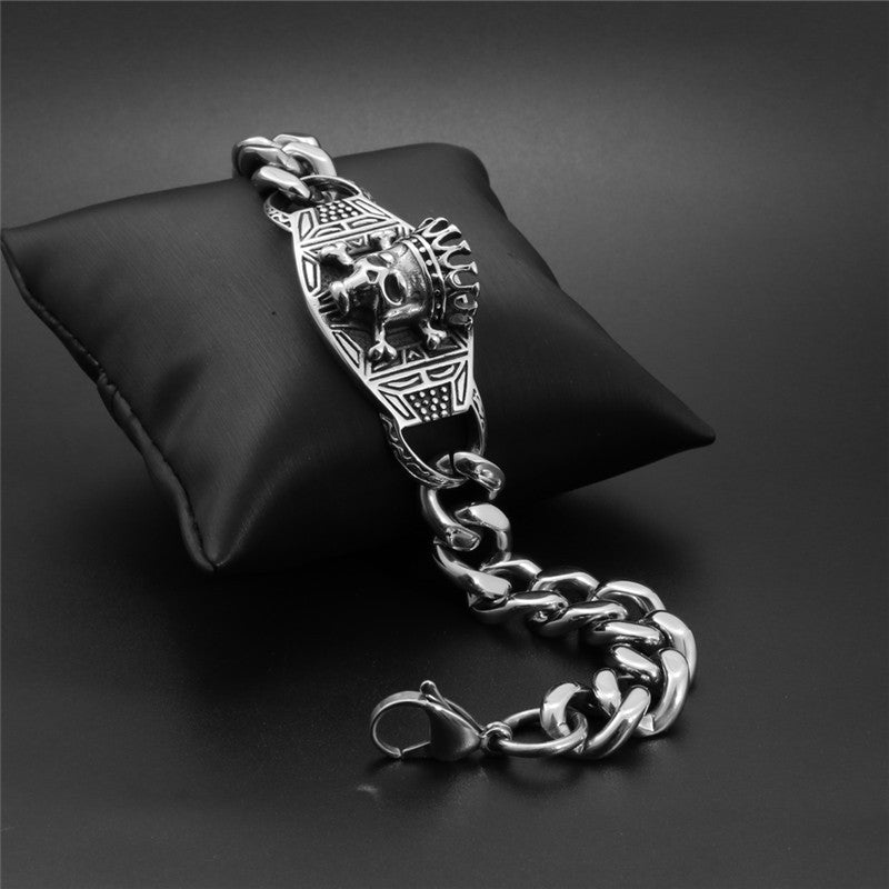 Rockyu ブレスレット メンズ チタン シルバー ブラック 王冠ドクロ 喜平チェーン プレート 重厚デザイン アクセサリー