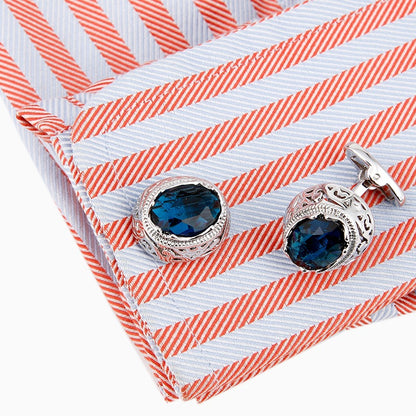 Rockyu メンズ ラウンドカフス グリーン＆ブルージルコニア ステンレス アンティーク調デザイン