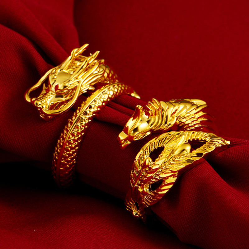 Rockyu ゴールド龍鳳リング メンズ フリーサイズ 幸運モチーフ リング