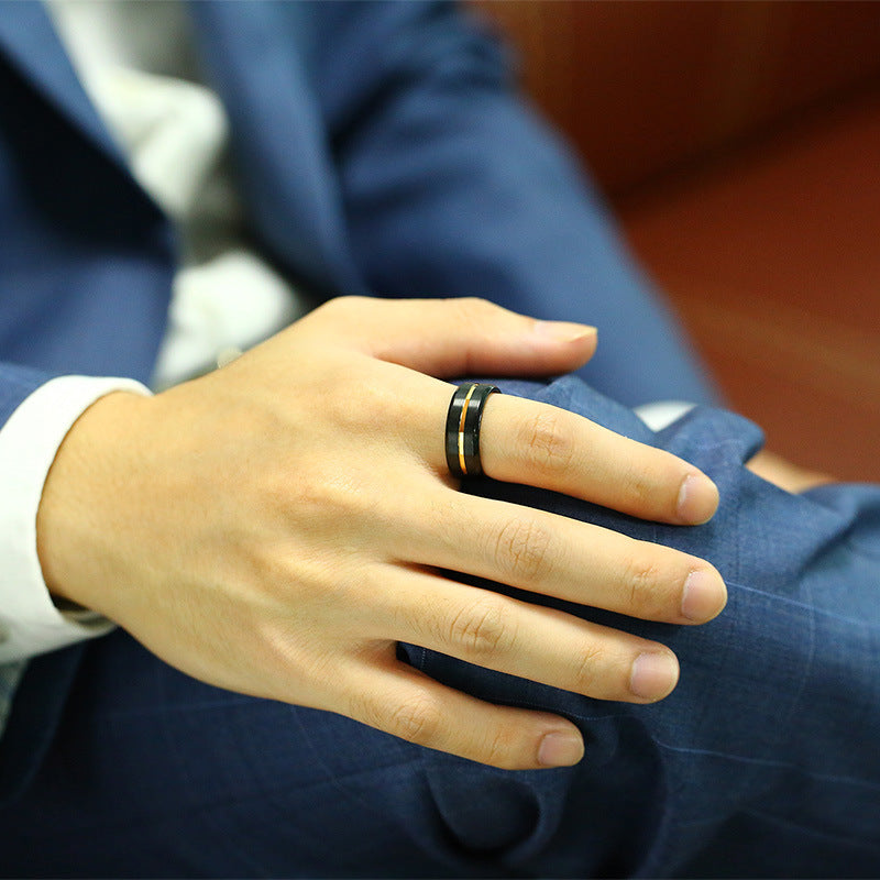 Rockyu チタンリング メンズ ブラック シルバー ブルー ゴールドライン入り 8mm幅