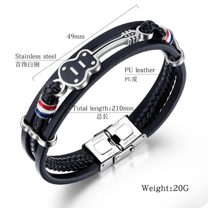 Rockyu ブレスレット メンズ 音楽モチーフ レザー バングル ギター デザイン PU革 ステンレス製 アクセサリー