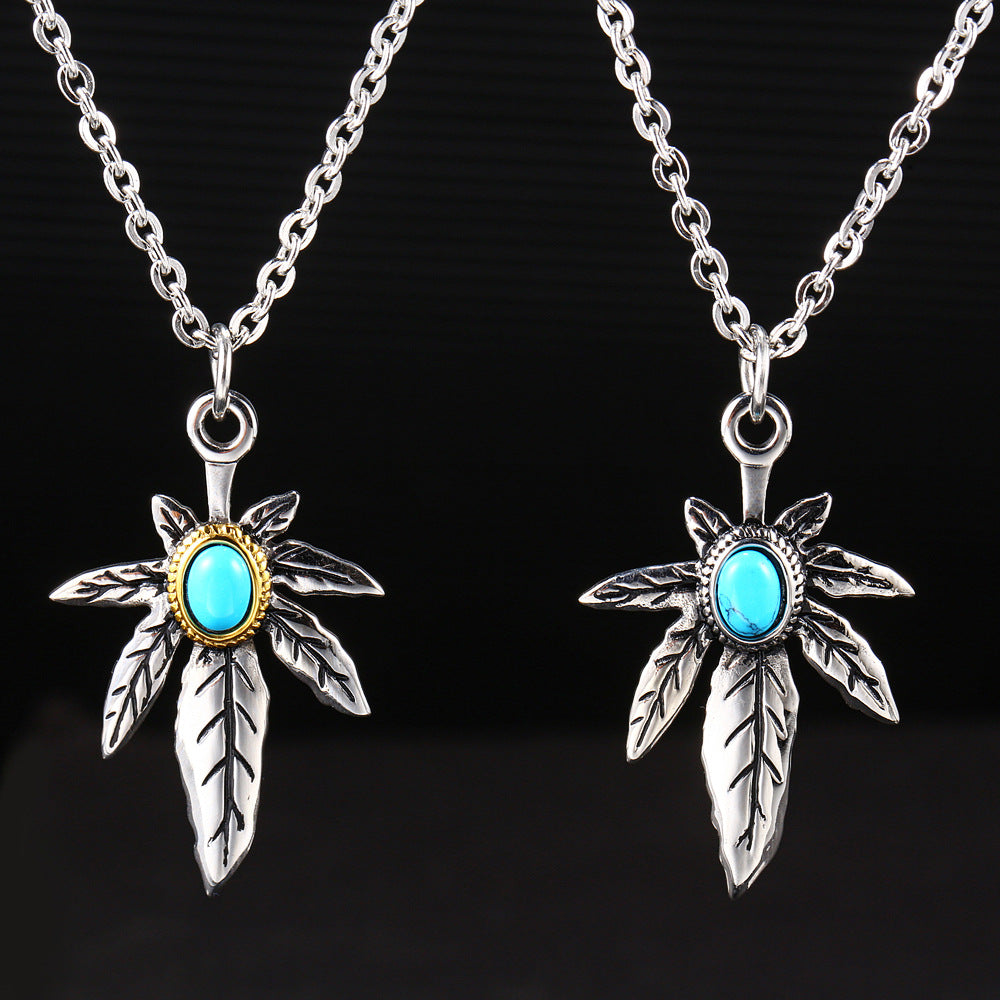 Rockyu ネックレス メンズ ターコイズ×フェザーペンダント｜ステンレス製 羽根デザイン ミラー仕上げ ストリート系