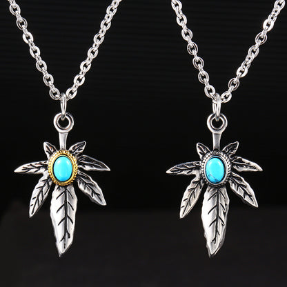 Rockyu ネックレス メンズ ターコイズ×フェザーペンダント｜ステンレス製 羽根デザイン ミラー仕上げ ストリート系