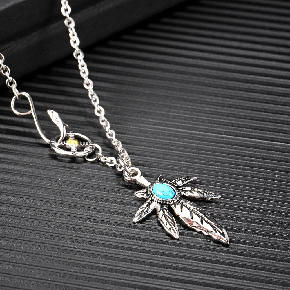 Rockyu ネックレス メンズ ターコイズ×フェザーペンダント｜ステンレス製 羽根デザイン ミラー仕上げ ストリート系