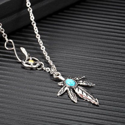 Rockyu ネックレス メンズ ターコイズ×フェザーペンダント｜ステンレス製 羽根デザイン ミラー仕上げ ストリート系