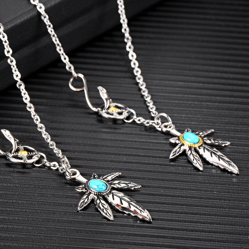 Rockyu ネックレス メンズ ターコイズ×フェザーペンダント｜ステンレス製 羽根デザイン ミラー仕上げ ストリート系