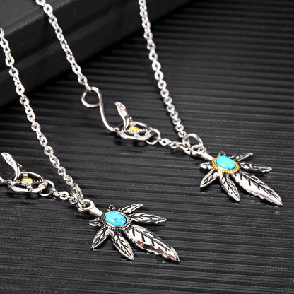 Rockyu ネックレス メンズ ターコイズ×フェザーペンダント｜ステンレス製 羽根デザイン ミラー仕上げ ストリート系