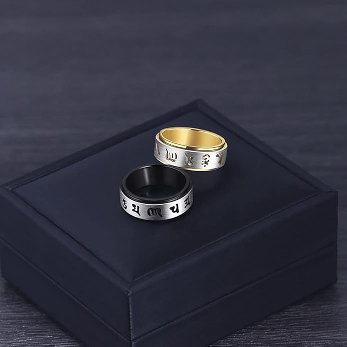 Rockyu メンズ ステンレススピナーリング 六字真言デザイン 8mm幅 3色展開