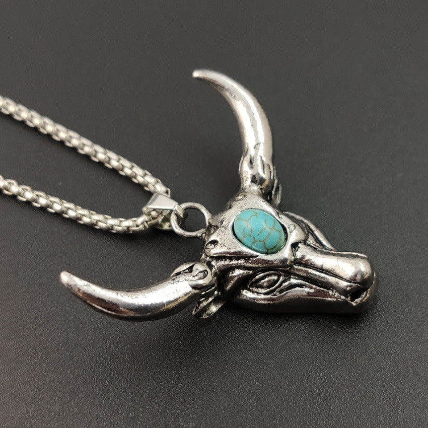 Rockyu ネックレス メンズ 牛頭 ステンレス ターコイズ アンティーク風 ペンダント