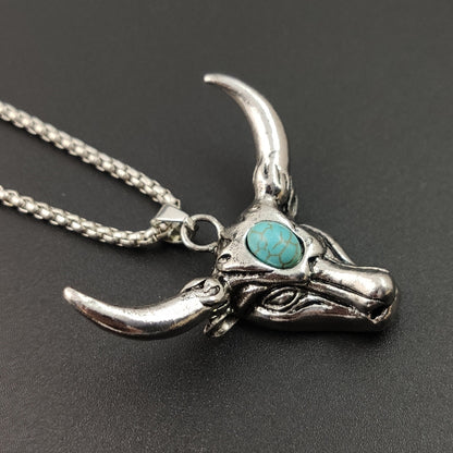 Rockyu ネックレス メンズ 牛頭 ステンレス ターコイズ アンティーク風 ペンダント