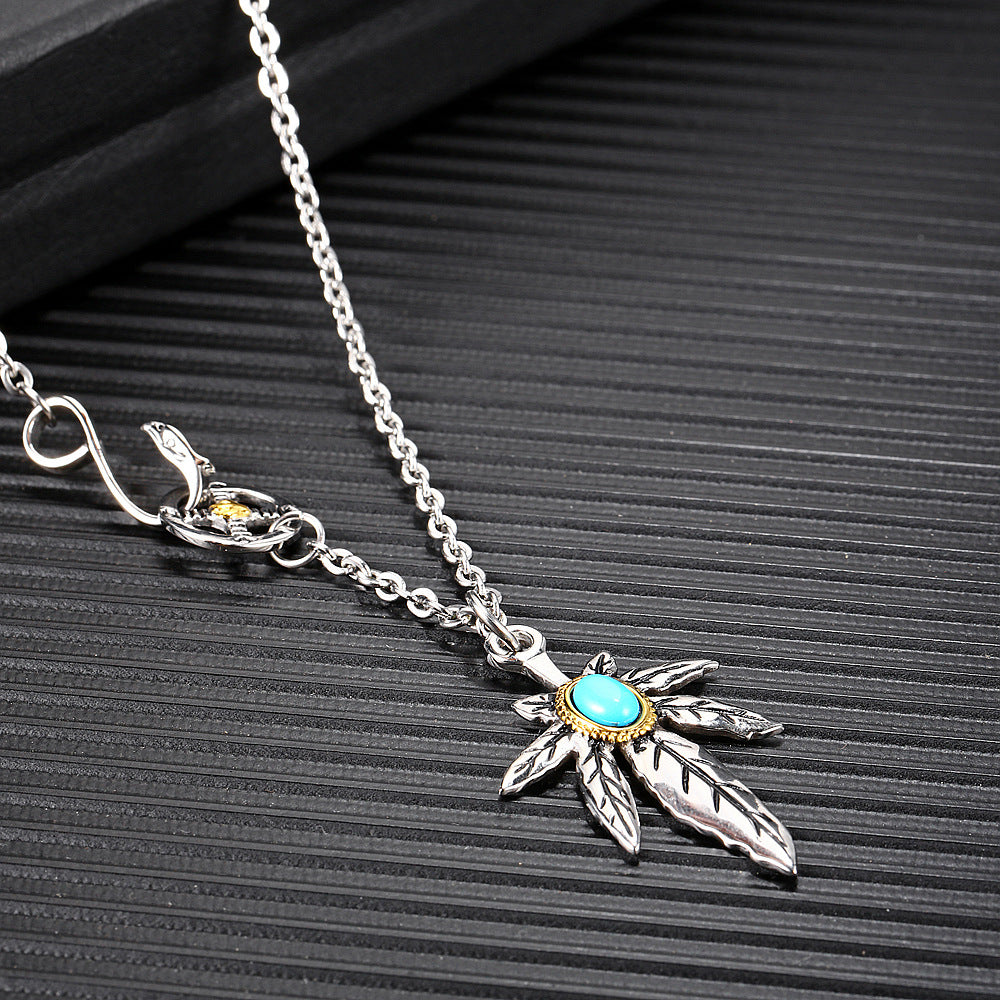 Rockyu ネックレス メンズ ターコイズ×フェザーペンダント｜ステンレス製 羽根デザイン ミラー仕上げ ストリート系