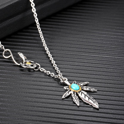 Rockyu ネックレス メンズ ターコイズ×フェザーペンダント｜ステンレス製 羽根デザイン ミラー仕上げ ストリート系