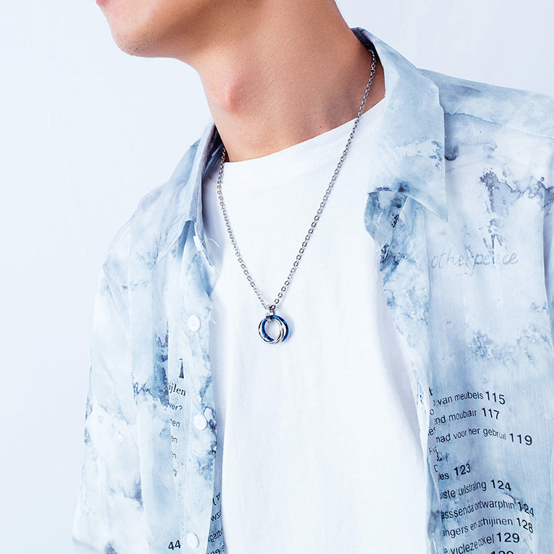 Rockyu 永遠の愛 ペアネックレス メンズ レディース ブラック＆ローズゴールド 3連リング ステンレス製