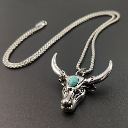 Rockyu ネックレス メンズ 牛頭 ステンレス ターコイズ アンティーク風 ペンダント