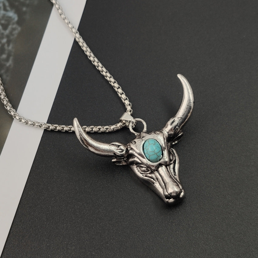 Rockyu ネックレス メンズ 牛頭 ステンレス ターコイズ アンティーク風 ペンダント