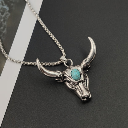 Rockyu ネックレス メンズ 牛頭 ステンレス ターコイズ アンティーク風 ペンダント