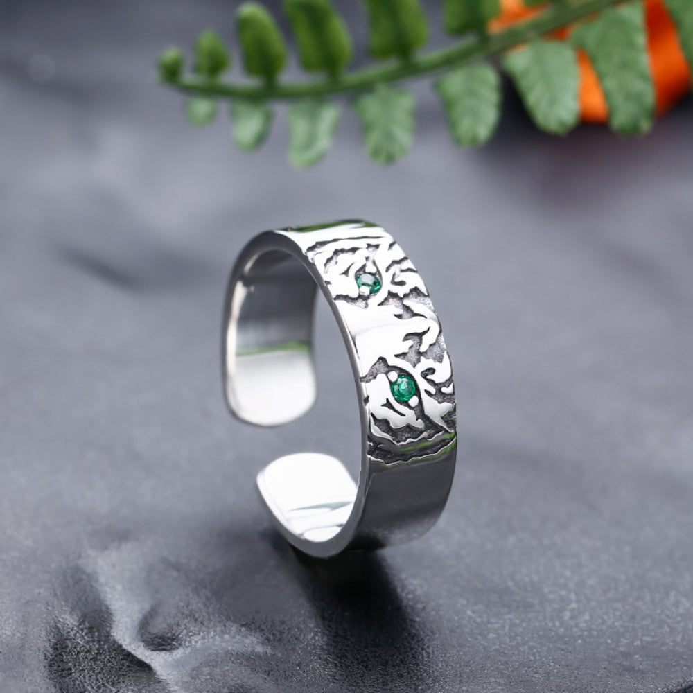 Rockyu タイガーリング メンズ レディース シルバー925 フリーサイズ グリーンストーン 金属アレルギー対応