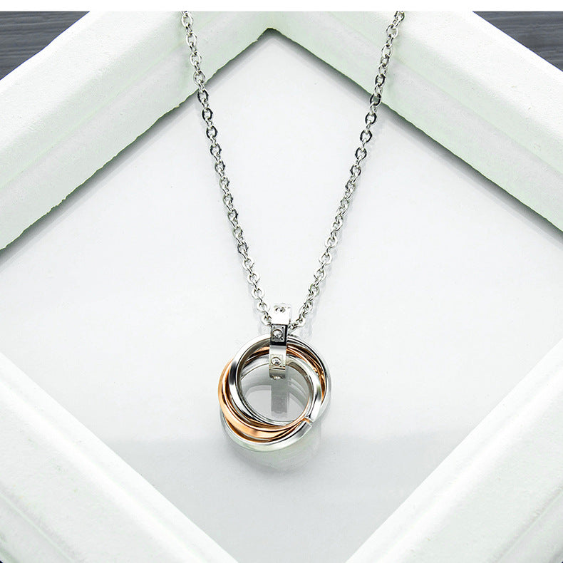 Rockyu 永遠の愛 ペアネックレス メンズ レディース ブラック＆ローズゴールド 3連リング ステンレス製