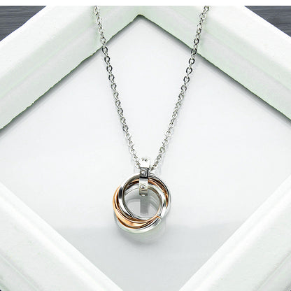 Rockyu 永遠の愛 ペアネックレス メンズ レディース ブラック＆ローズゴールド 3連リング ステンレス製