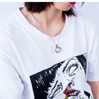 Rockyu ペアネックレス 3連リングデザイン チタン＆ステンレス アレルギー対応