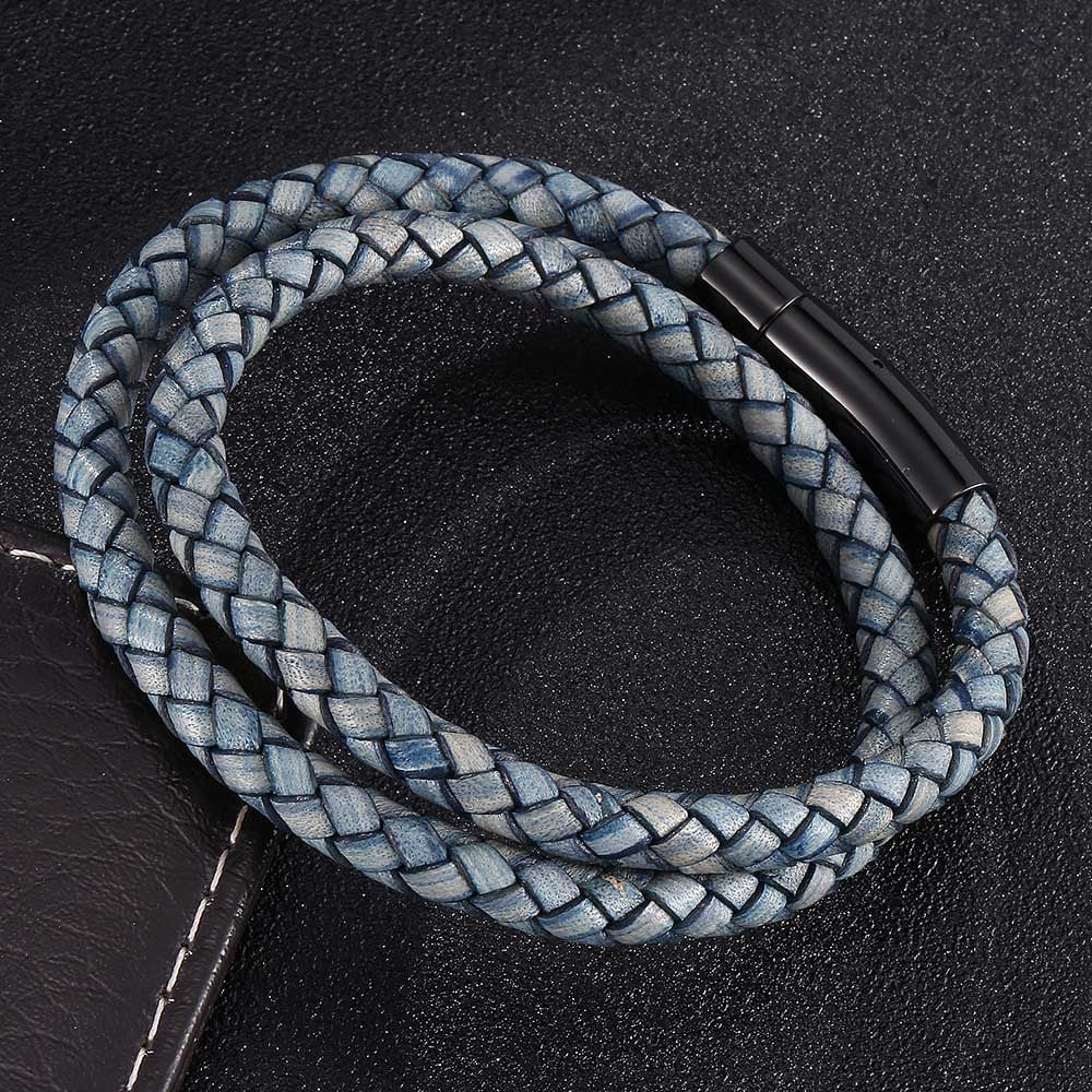 Rockyu ブレスレット メンズ レディース 本革 レザー 二連 編み込み ステンレス 磁気ボタン留め おしゃれ アクセサリー