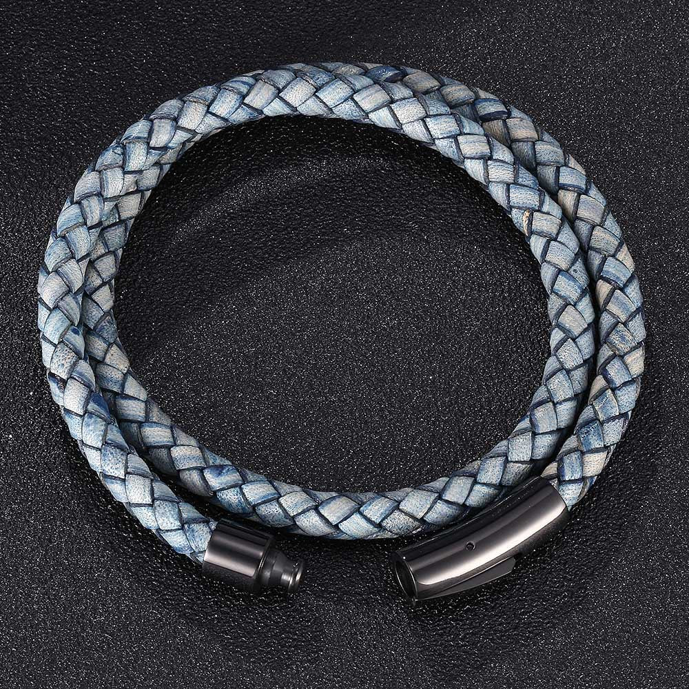 Rockyu ブレスレット メンズ レディース 本革 レザー 二連 編み込み ステンレス 磁気ボタン留め おしゃれ アクセサリー