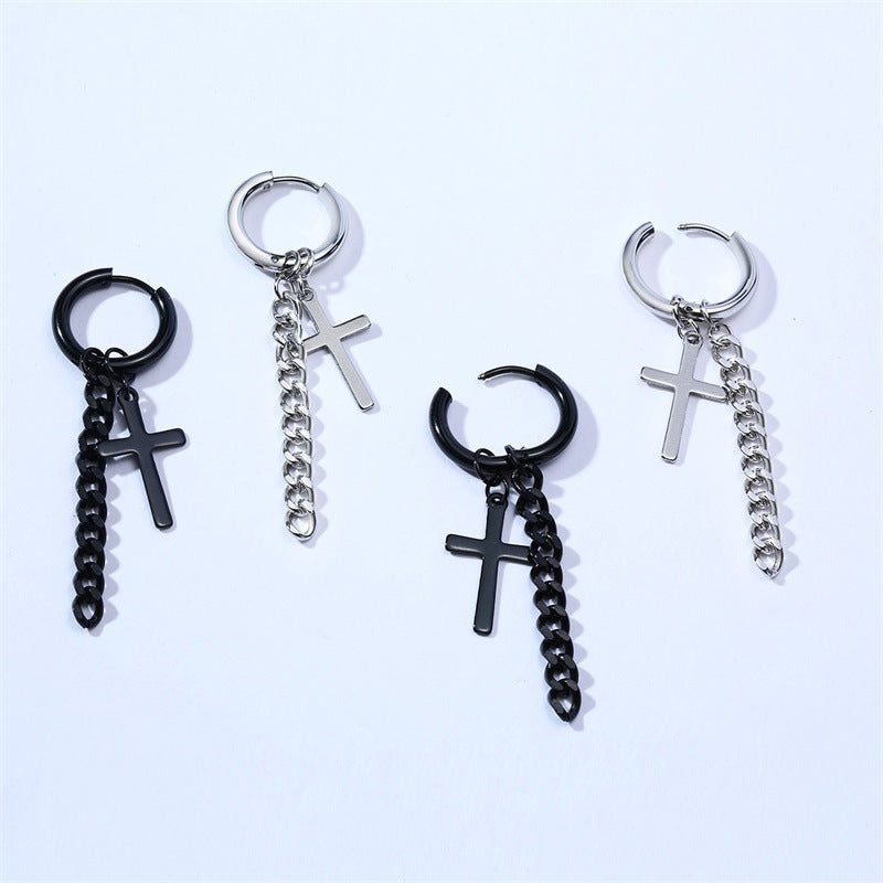 Rockyu メンズピアス クロスチェーン チタンフープ 十字架デザイン