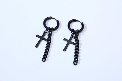 Rockyu メンズピアス クロスチェーン チタンフープ 十字架デザイン