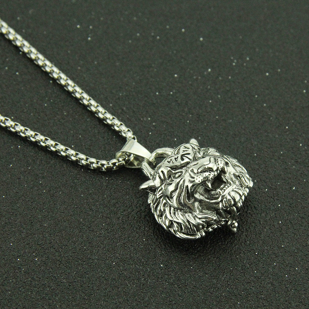 Rockyu ネックレス メンズ タイガーヘッド シルバー合金 ステンレスチェーン