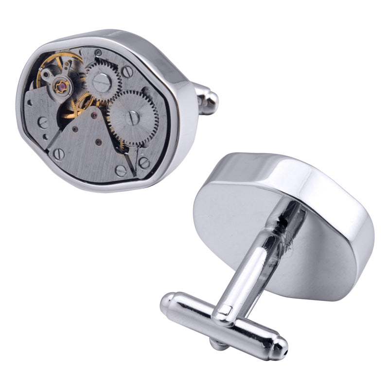 Rockyu メンズカフス 楕円時計デザイン 機械式モチーフ シルバー ビジネス カフリンクス