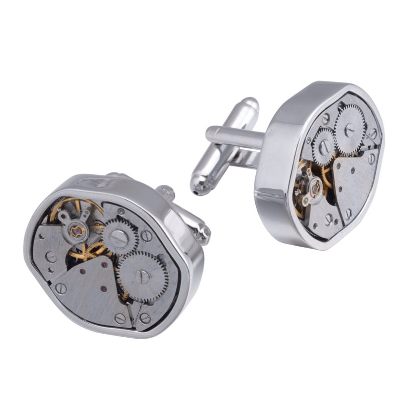 Rockyu メンズカフス 楕円時計デザイン 機械式モチーフ シルバー ビジネス カフリンクス