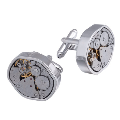 Rockyu メンズカフス 楕円時計デザイン 機械式モチーフ シルバー ビジネス カフリンクス