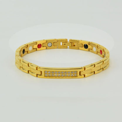 Rockyu 磁気ブレスレット レディース メンズ ゴールド ステンレス ジルコニア配列 プレートデザイン ゲルマニウム内蔵