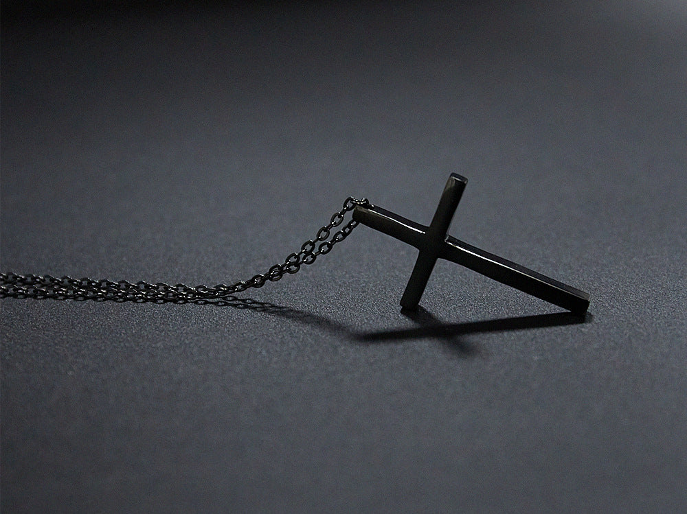 Rockyu クロスネックレス メンズ ブラック｜シンプルチタン製 十字架ペンダント 男女兼用 60cmチェーン
