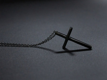 Rockyu クロスネックレス メンズ ブラック｜シンプルチタン製 十字架ペンダント 男女兼用 60cmチェーン