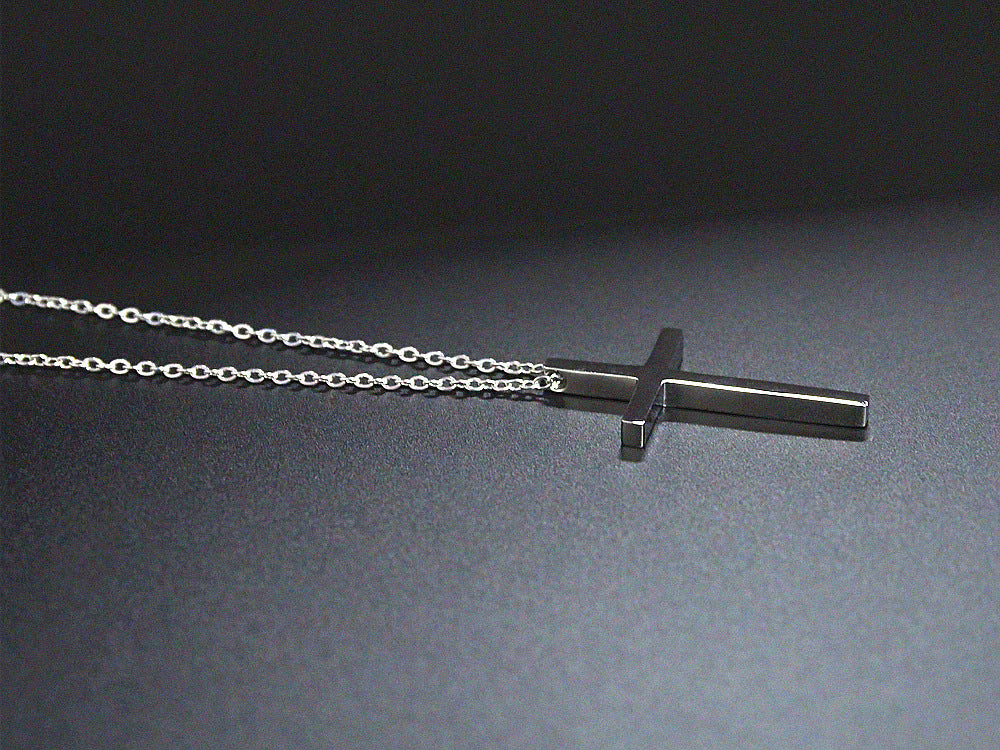 Rockyu クロスネックレス メンズ ブラック｜シンプルチタン製 十字架ペンダント 男女兼用 60cmチェーン