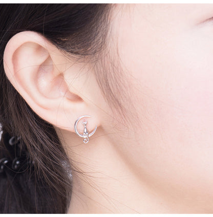 Rockyu レディース ピアス ネコ 三日月 シルバー スタッド 両耳セット 可愛い 小さい