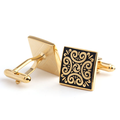 Rockyu カフスボタン メンズ 正方形 花模様 シルバー ゴールド ブラック 和風 アンティーク調