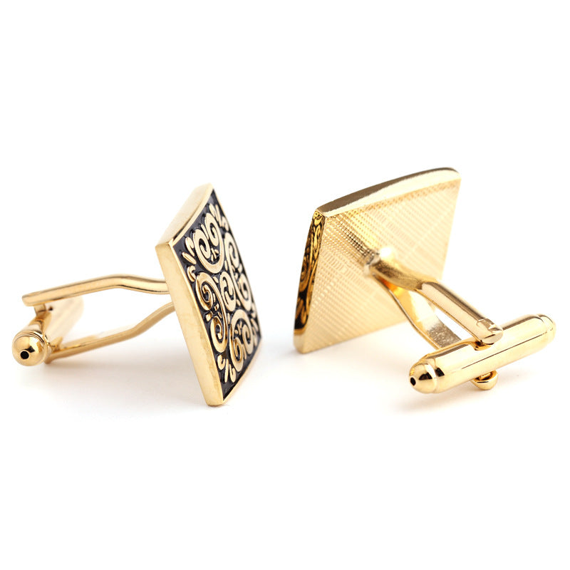 Rockyu カフスボタン メンズ 正方形 花模様 シルバー ゴールド ブラック 和風 アンティーク調