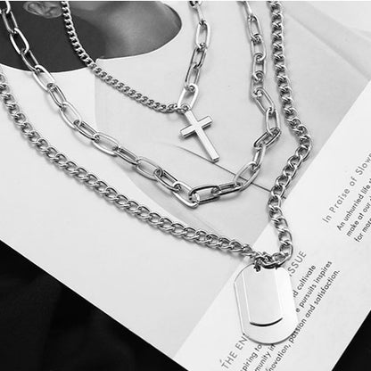 Rockyu レディース三連ネックレス クロスチャームとプレート付きチェーンペンダント