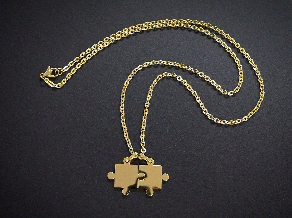 Rockyu ネックレス レディース メンズ ペア ジグソーパズル ペンダント シルバー ブラック ゴールド チェーン 60cm チタン 金属アレルギー対応 記念日 プレゼント