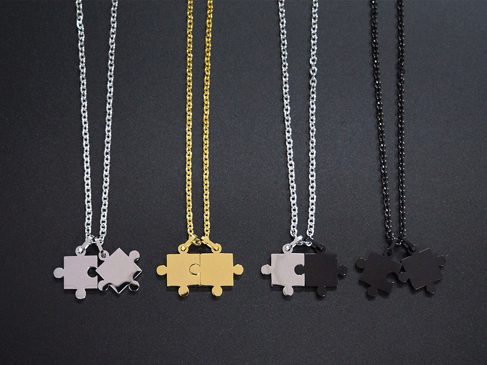 Rockyu ネックレス レディース メンズ ペア ジグソーパズル ペンダント シルバー ブラック ゴールド チェーン 60cm チタン 金属アレルギー対応 記念日 プレゼント