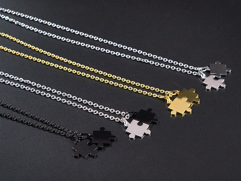 Rockyu ネックレス レディース メンズ ペア ジグソーパズル ペンダント シルバー ブラック ゴールド チェーン 60cm チタン 金属アレルギー対応 記念日 プレゼント