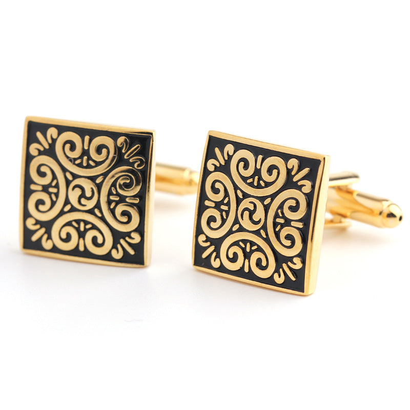 Rockyu カフスボタン メンズ 正方形 花模様 シルバー ゴールド ブラック 和風 アンティーク調