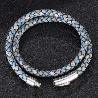 Rockyu ブレスレット メンズ レディース 本革 二連編み込み ステンレス磁気ボタン ブラウン ニューヨークスタイル