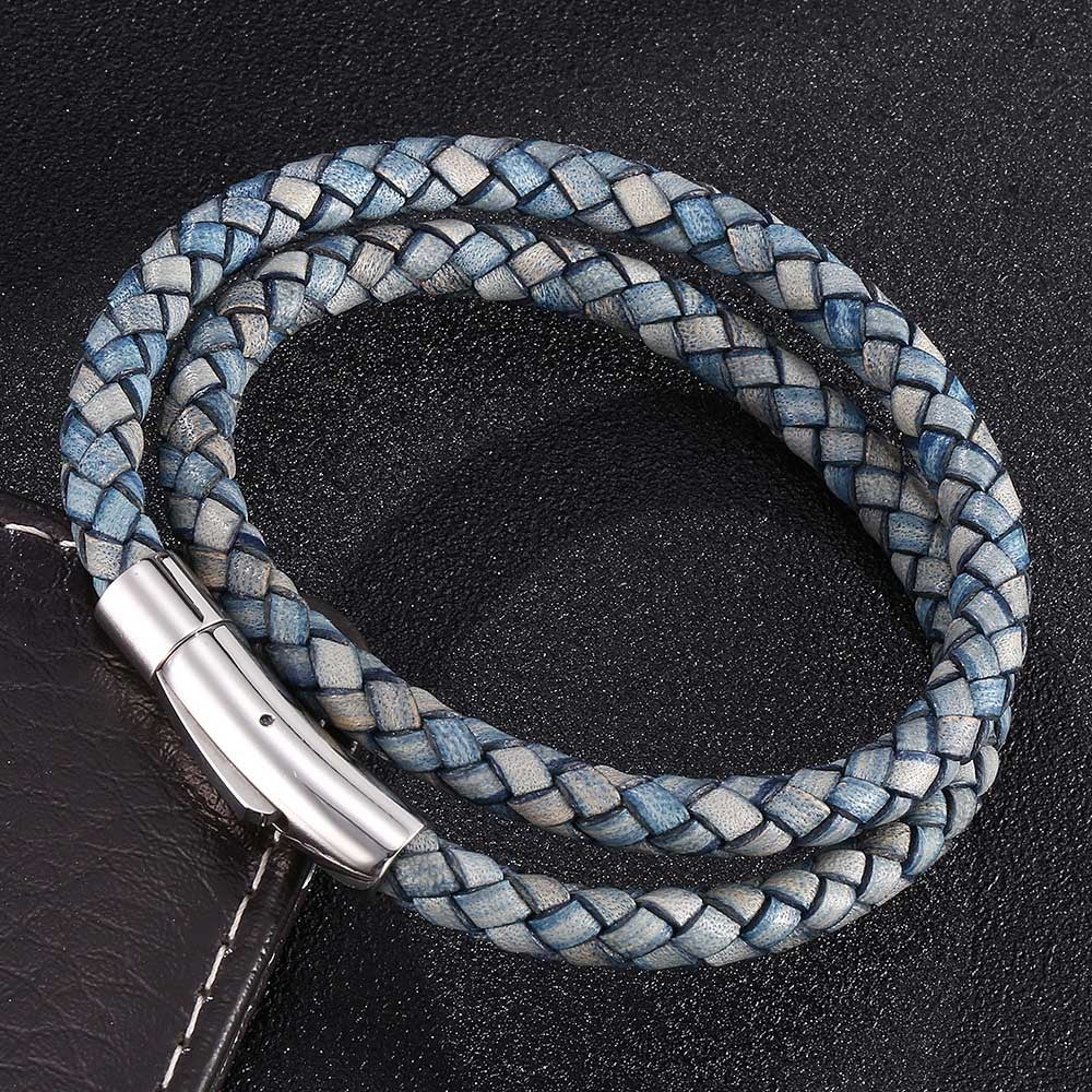 Rockyu ブレスレット メンズ レディース 本革 二連編み込み ステンレス磁気ボタン ブラウン ニューヨークスタイル