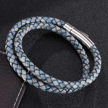 Rockyu ブレスレット メンズ レディース 本革 二連編み込み ステンレス磁気ボタン ブラウン ニューヨークスタイル