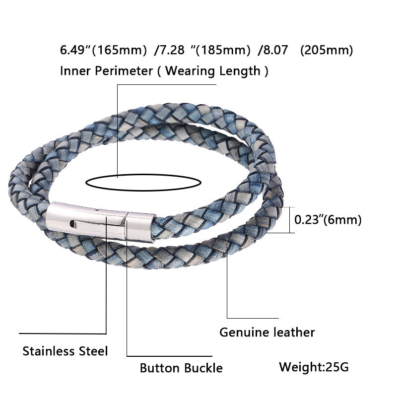 Rockyu ブレスレット メンズ レディース 本革 二連編み込み ステンレス磁気ボタン ブラウン ニューヨークスタイル