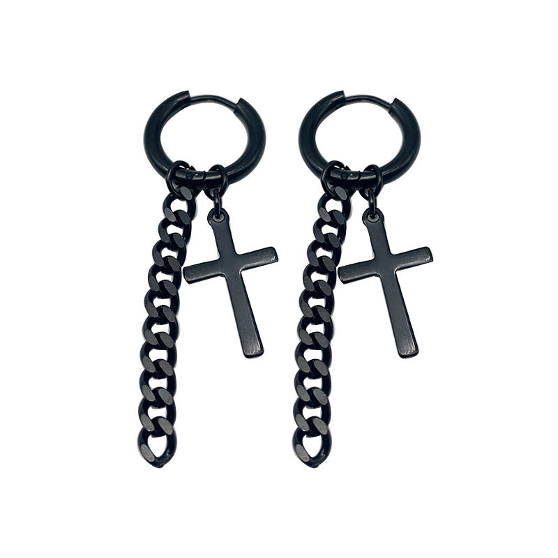 Rockyu メンズピアス クロスチェーン チタンフープ 十字架デザイン